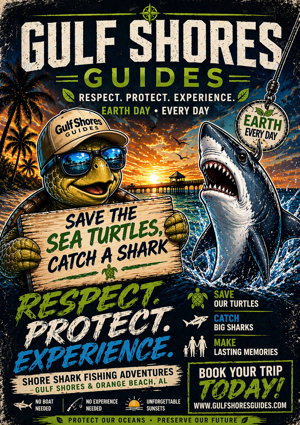 Gulf Shores Guides Earth Day Shirt – Save the Turtles, Catch a Shark