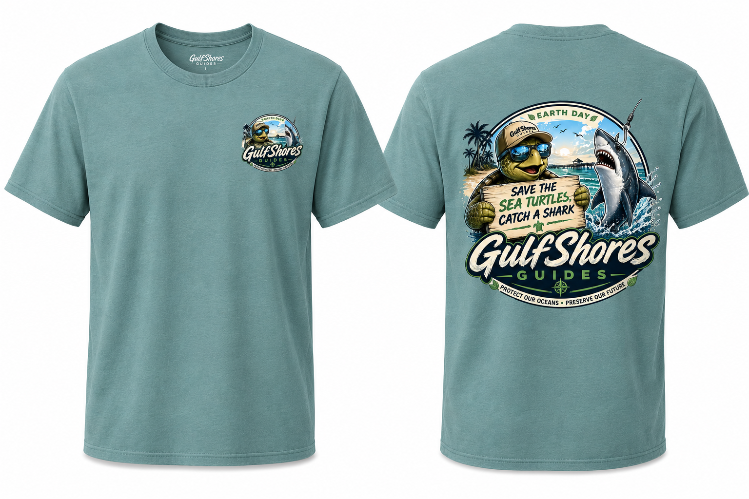 Gulf Shores Guides Earth Day Shirt – Save the Turtles, Catch a Shark